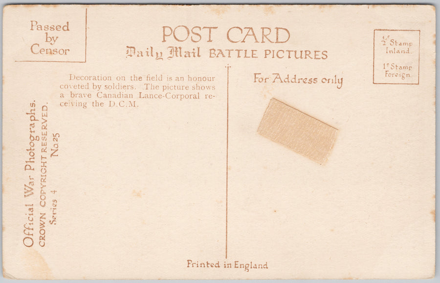 Decorating Canadian Soldier On Field of Battle Daily Mail Passed by Censor Postcard SP16