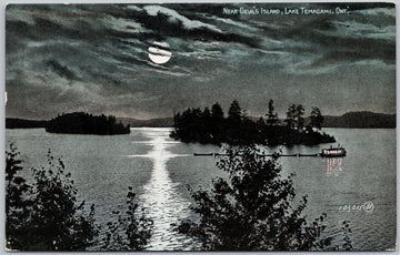 Lake Temagami Ontario near Devil's Island Steamer Night Full Moon Canada Unused Postcard 