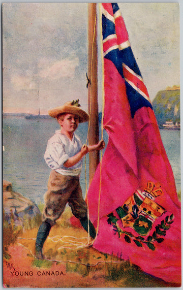 Young Canada Boy Raising Red Ensign Flag Patriotic Postcard