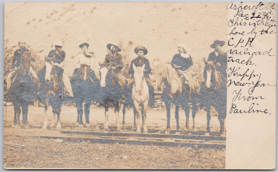 Ashcroft BC Woman 'Pauline' and Indigenous Men on Horses by Canadian Pacific Railway Tracks RPPC Postcard 