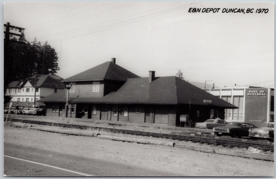 Duncan BC E&N Railway Depot Train Station BMO Vancouver Island RPPC Postcard