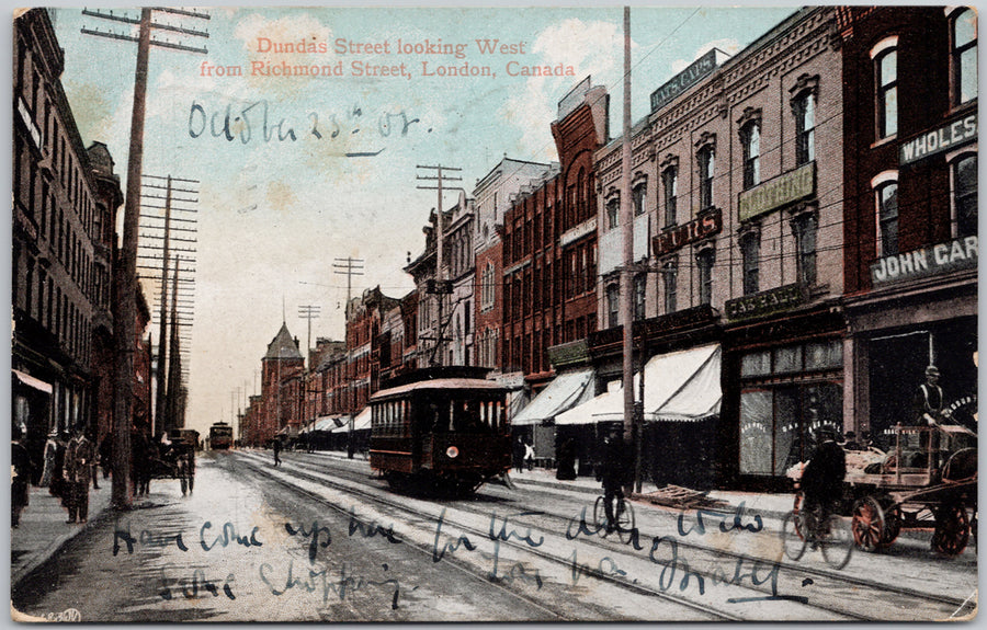 Dundas Street London Ontario ON Streetcar Cyclist c1908 Postcard