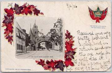 St Louis Gate Quebec QC Canada Patriotic Maple Leaf Flags Beaver c1906 Postcard 