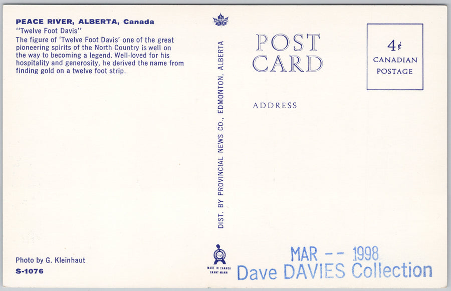 12 Foot Davis Statue Peace River Alberta AB Twelve Foot Davis Postcard SP16