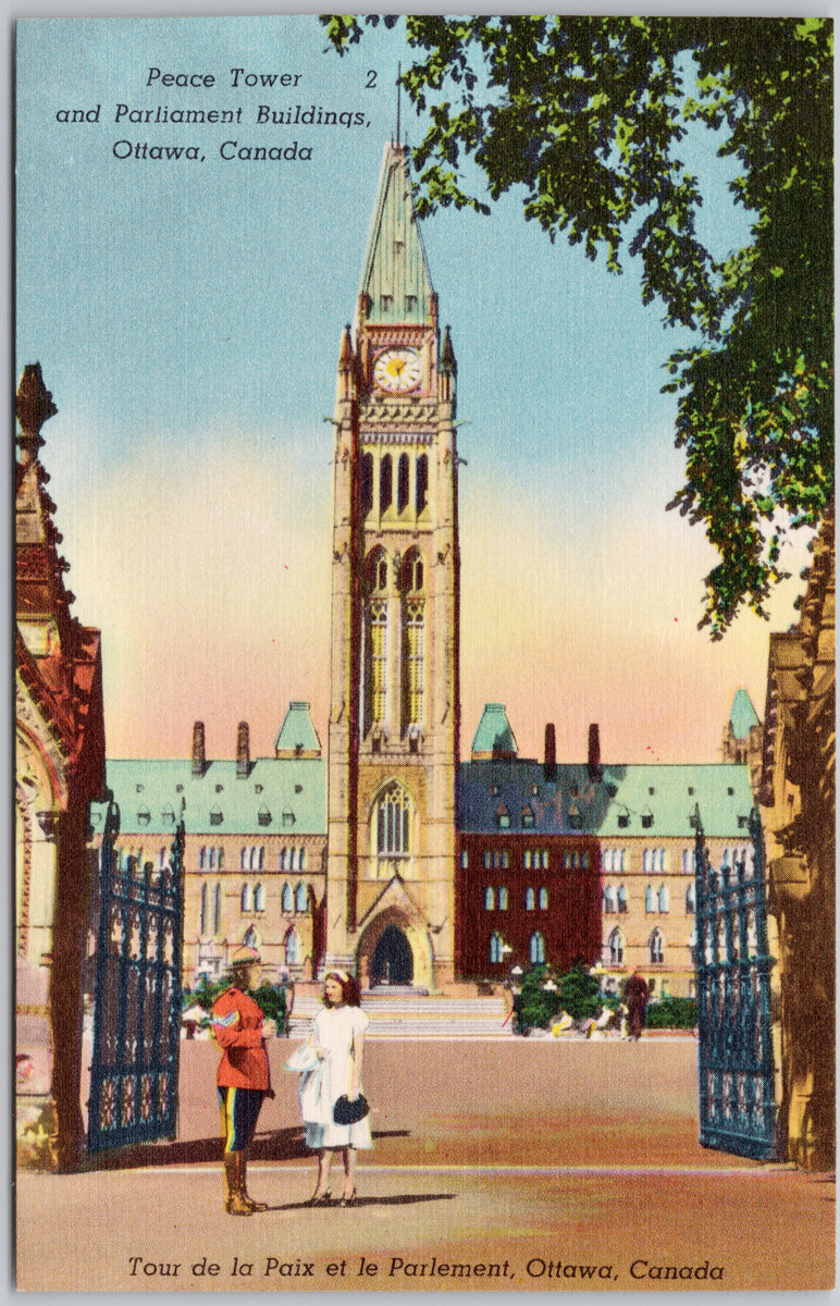 Peace Tower & Parliament Buildings Ottawa Ontario ON ONT RCMP Mountie Unused Linen Postcard