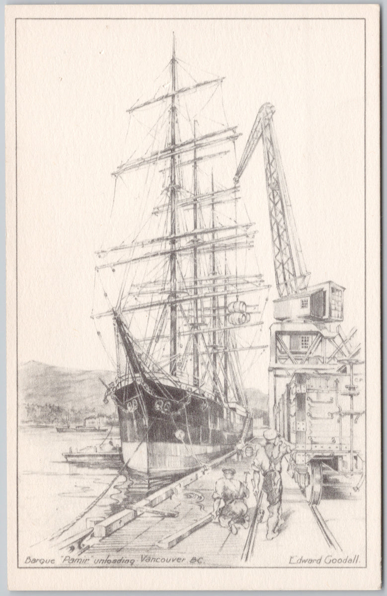 Edward Goodall Vancouver BC Barque Pamir Sailing Ship Loading Grain 1945 Unused Postcard 