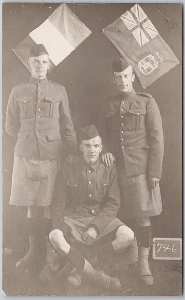 Canadian Soldiers Military Men Flags RPPC Kilts Aprons (noted 13th Battalion Valcartier) RPPC Postcard 