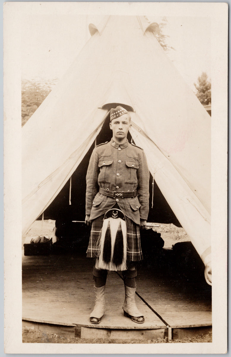 Canadian Soldier ('Davidson') Kilt Tent Canada Military WW1 era RPPC Postcard 