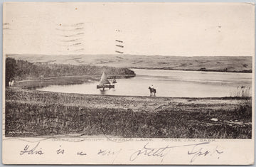 Green's Point Buffalo Lake Moose Jaw SK Saskatchewan Canada Sailboat Horse in Lake c1907 Porter Postcard