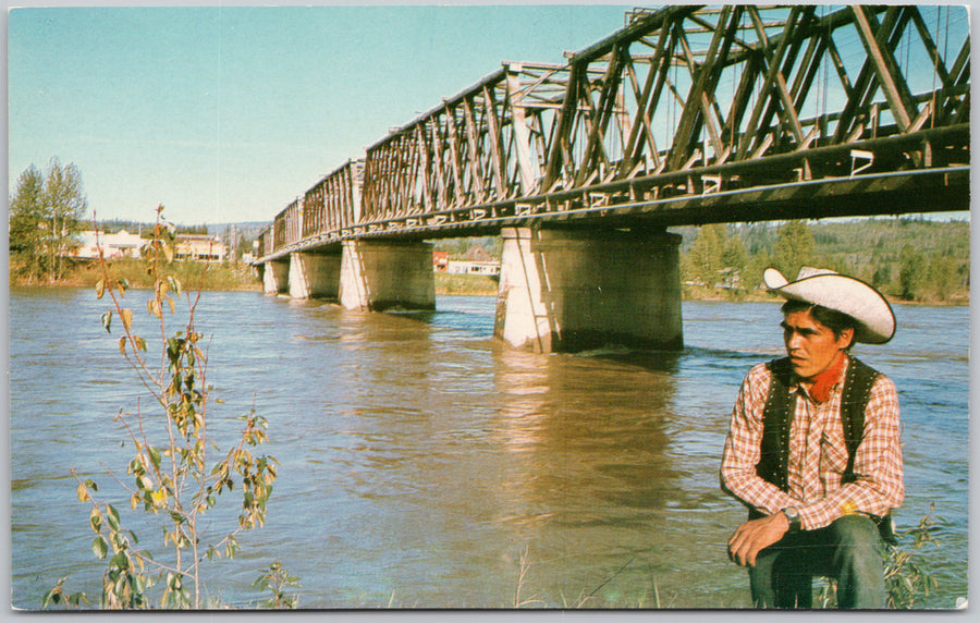 Bridge to West Quesnel BC British Columbia Man Cowboy Hat Vintage Postcard 