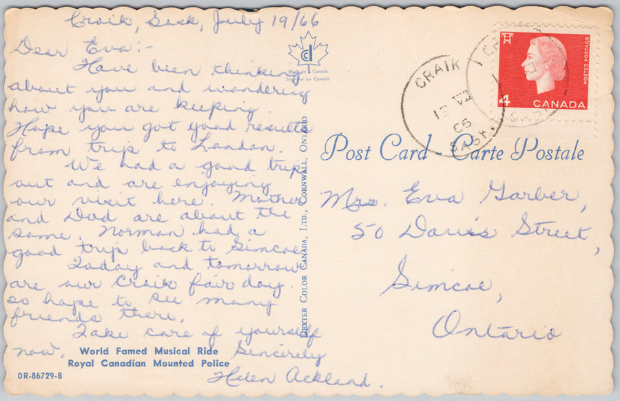 Musical Ride Royal Canadian Mounted Police RCMP Canada Vintage 1965 Craik Sask Cancel Postcard SP16