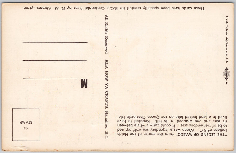 Kla-How-Ya (Hello) from Totem Pole Land Haida Indigenous People Wasco Sea Wolf British Columbia BC Centennial Year 1968 Canada Postcard SP16