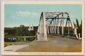 Medicine Hat Alberta Bridge RC Church and Academy Canada 1943 Peco Postcard