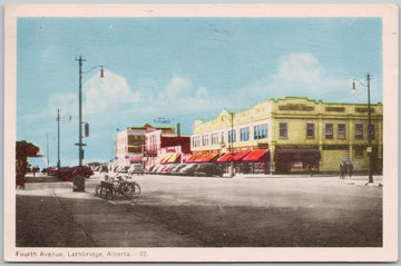 Fourth Avenue Lethbridge Alberta Canada Bicycles Hotel Alexandra Kitsons Pharmacy 1950s Peco Postcard