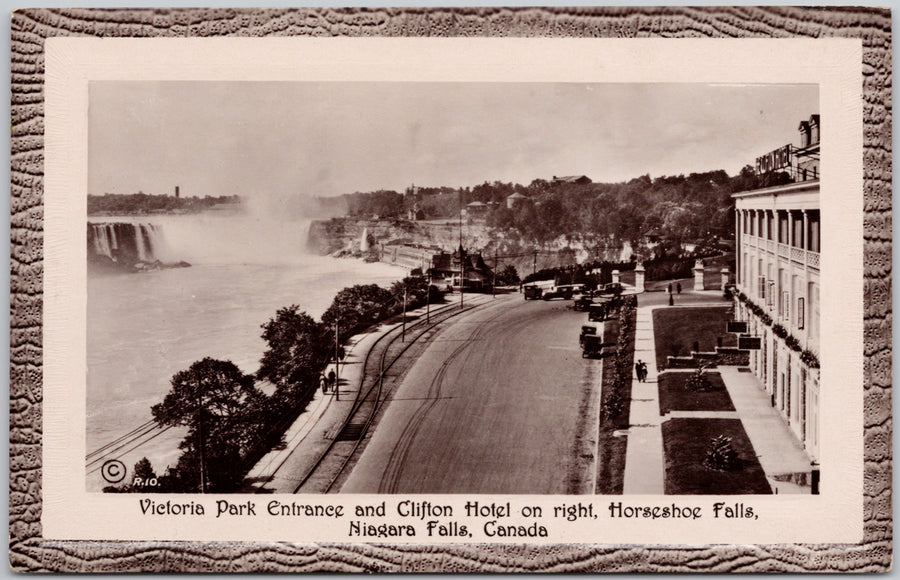 Niagara Falls ON Victoria Park Entrance Clifton Hotel Horseshoe Falls 1933 FH Leslie Postcard