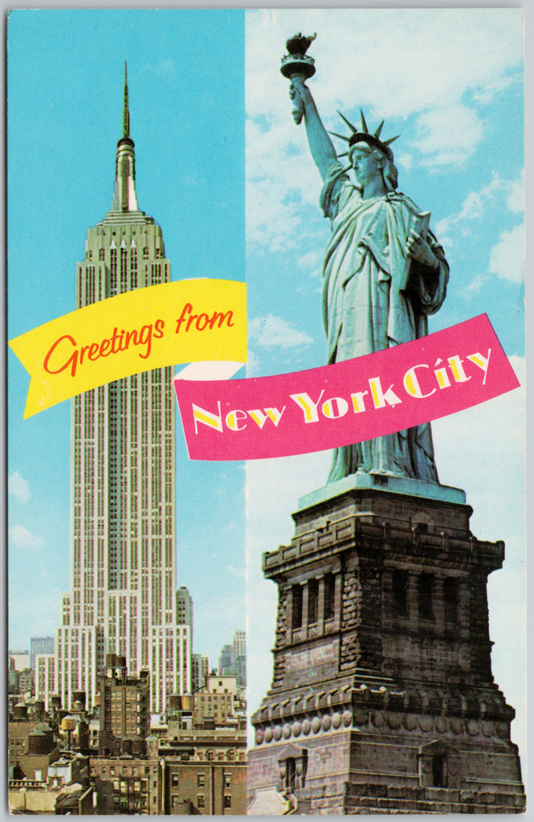 Greetings from New York City NYC NY Statue of Liberty Empire State Building USA Unused Postcard 