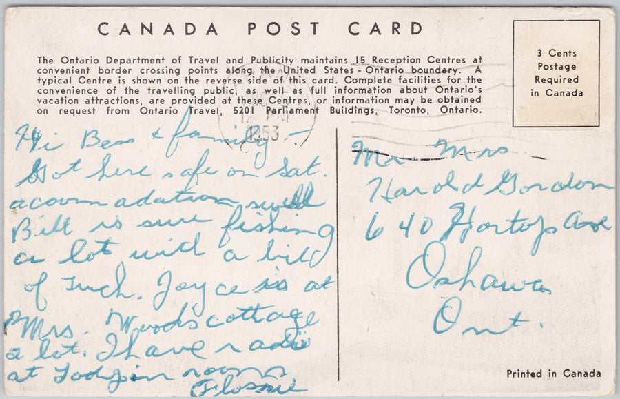 Ontario Government Tourist Information Canada USA Border 1953 Postcard SP17