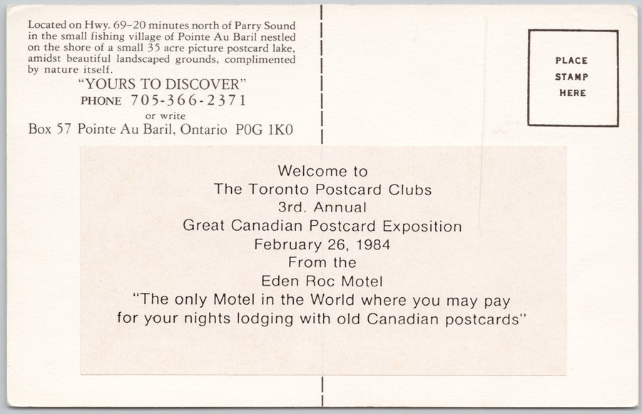 Eden Roc Motel (Welcome to The Toronto Postcard Clubs 3rd Annual Great Canadian Postcard Expo 1984) Pointe Au Baril Ontario Parry Sound ON Postcard SP17