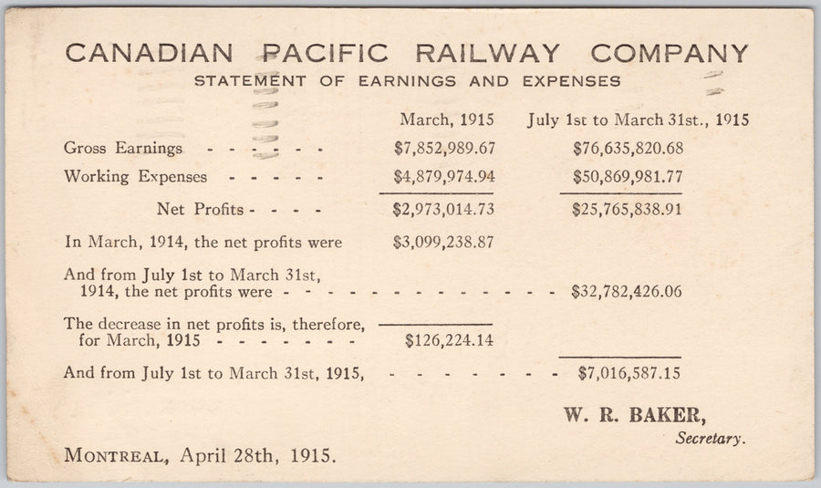 Hotel Chateau Frontenac Quebec QC 1915 CPR Statement of Earnings & Expenses Postcard SP17