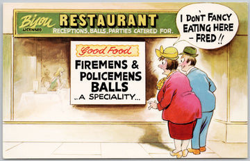 Bijou Restaurant Firemen Policemen Balls Bamforth Comic Postcard 