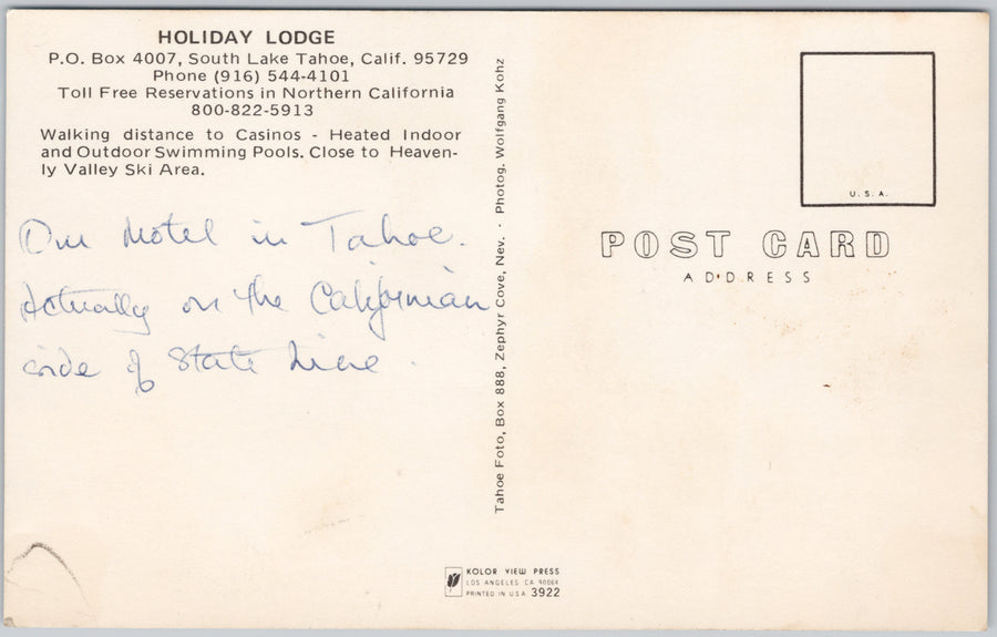 Holiday Lodge Lake Tahoe CA California USA Autos Vintage Postcard SP17