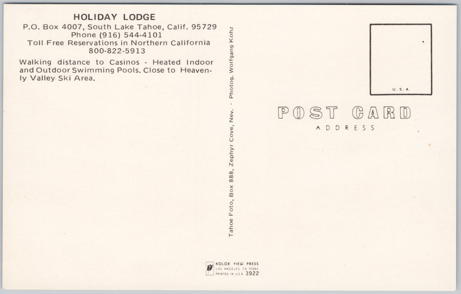 Holiday Lodge South Lake Tahoe CA California Hotel Autos Cars Postcard SP17