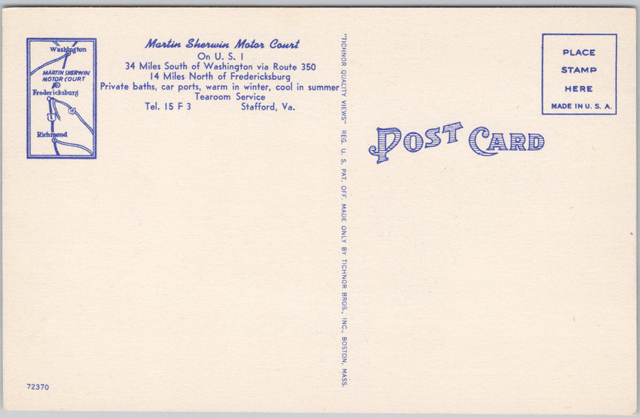 Martin Sherwin Motor Court Stafford VA Virginia Unused Linen Postcard SP18