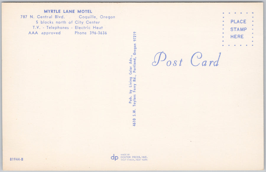 Myrtle Lane Motel Coquille OR Oregon Motel USA Postcard SP18