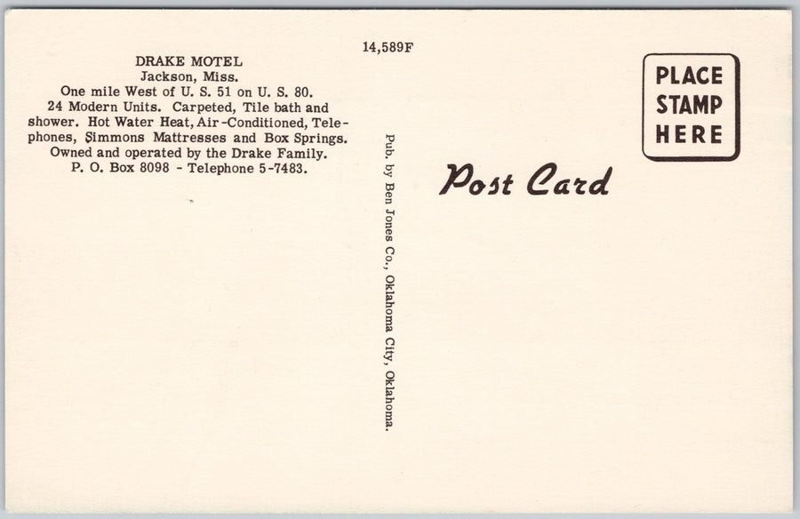 Drake Motel Jackson MS Mississippi Hi-way 80 West Unused Linen Postcard SP18