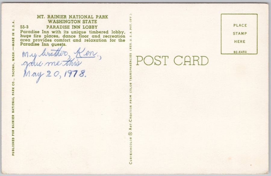 Paradise Inn Lobby Mt Rainier National Park WA Washington 1978 Postcard SP18