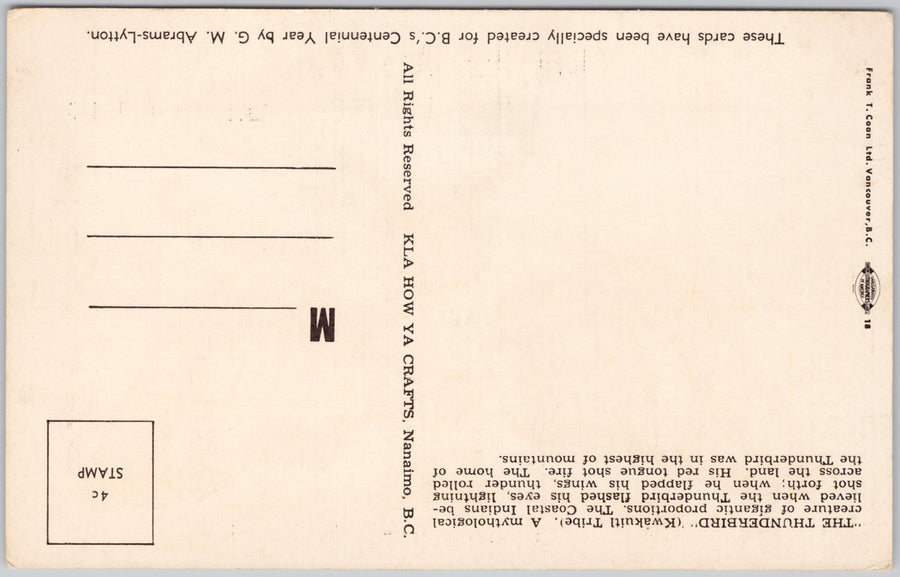 Kla-How-Ya (Hello) from Totem Pole Land The Thunderbird Kwakiutl Tribe Indigenous People British Columbia BC Centennial Year 1968 Canada Postcard SP18