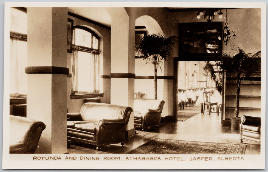 Athabasca Hotel Jasper Alberta Rotunda & Dining Room Canada Advertising RPPC Postcard SP18