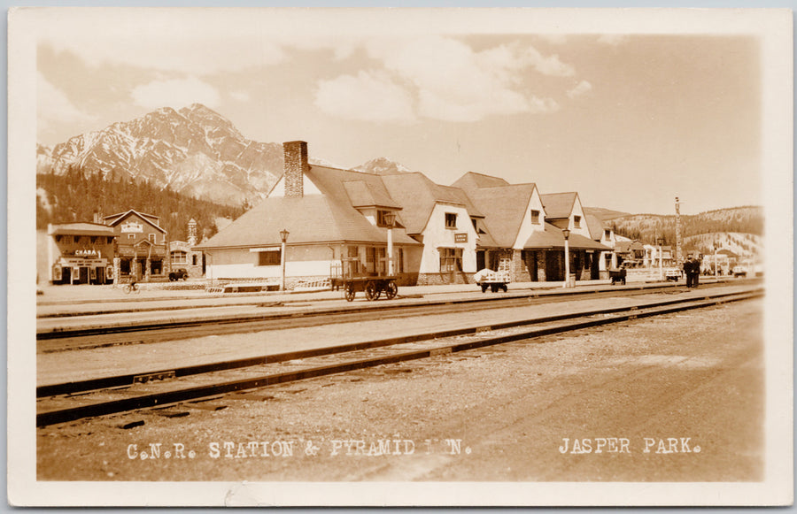 Jasper Alberta CNR Railway Station & Pyramid Mountain Postcard 