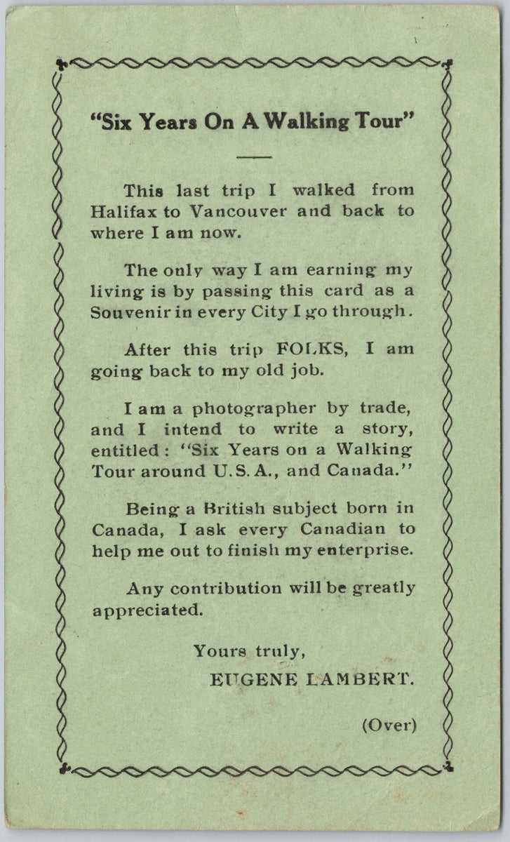 Eugene Lambert Signed Walker Photographer Walking around Canada USA Mexico Advertising Scarce Souvenir Card SP18