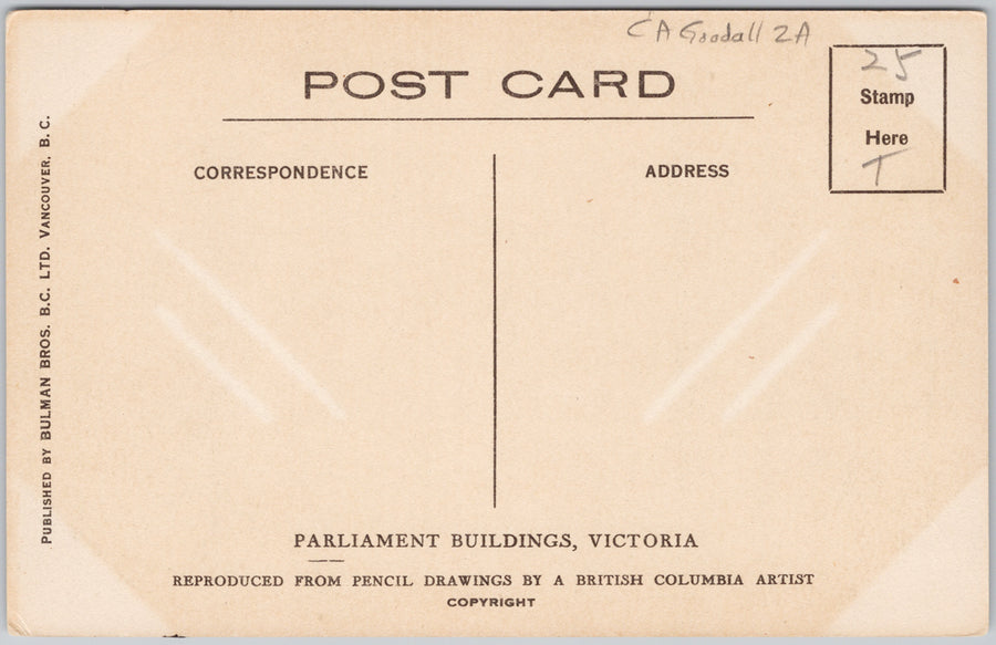 Edward Goodall Artist Parliament Buildings Victoria BC Postcard SP18