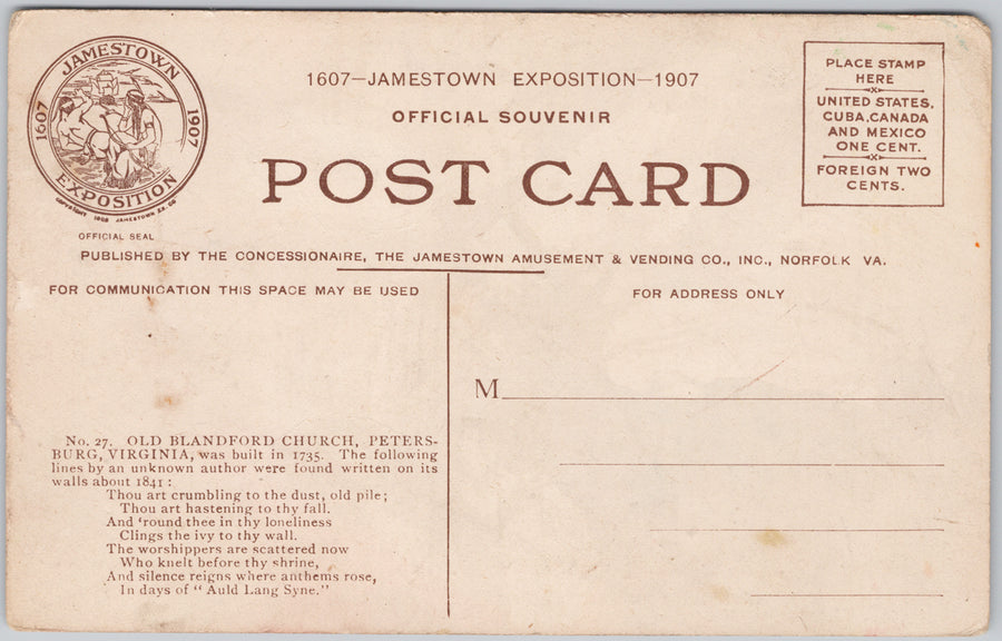 1907 Jamestown Exposition Blandford Church Petersburg Virginia VA Postcard SP18