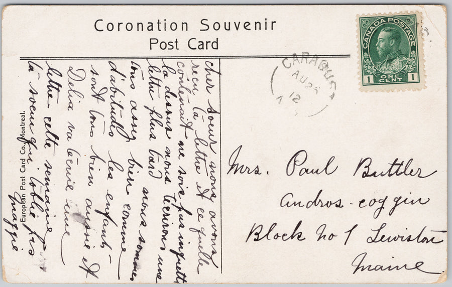 Montreal QC Coronation 1911 King George V Queen Mary 1912 Caraquet NB Split Ring Cancel Postcard SP18 *as is