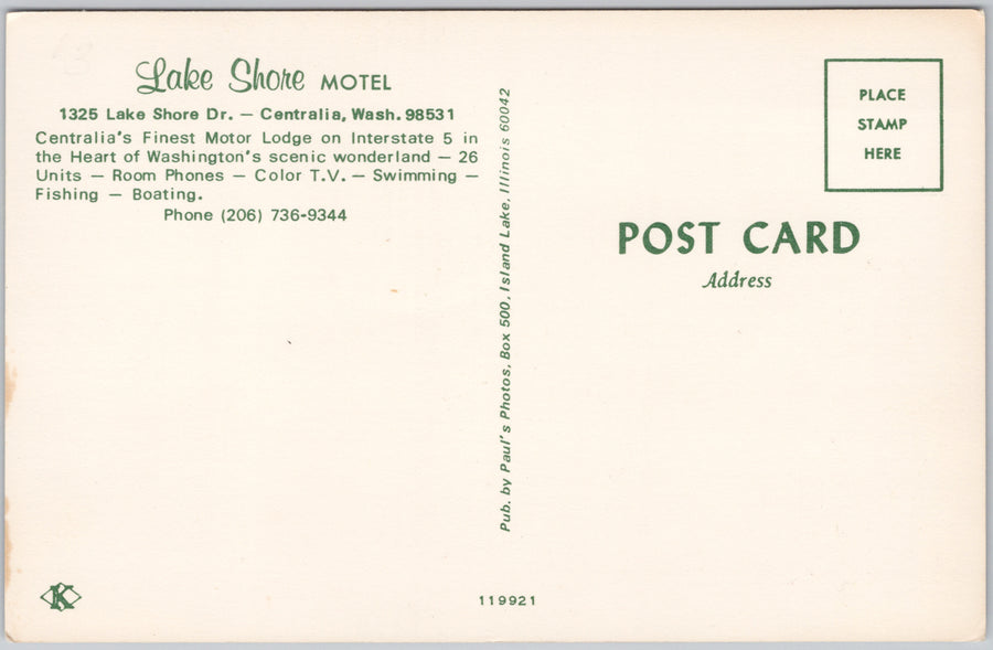 Lake Shore Motel Centralia WA Washington Interior Postcard SP18