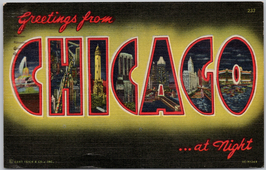 Greetings from Chicago at Night Illinois Large Letter Postcard 