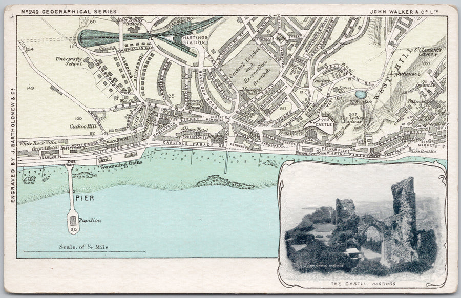 John Walker Map Geographical Series #249 The Castle Hastings East Sussex England Bartholomew Postcard 