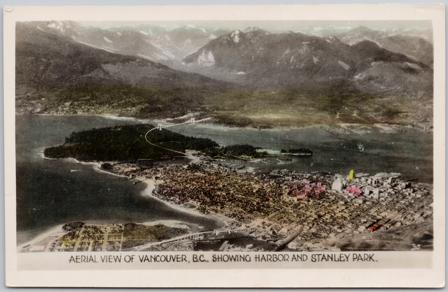 Vancouver BC Aerial View Harbour Stanley Park Gowen Sutton RPPC Postcard 