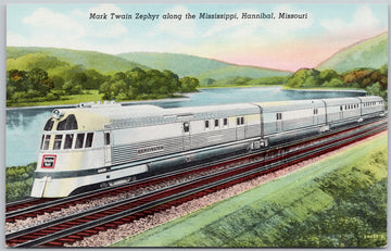 Train Mark Twain Zephyr along Mississippi River Hannibal Missouri Postcard