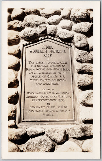 Riding Mountain National Park Manitoba MB Sign Tablet Official Opening Henson's Studio RPPC Postcard 