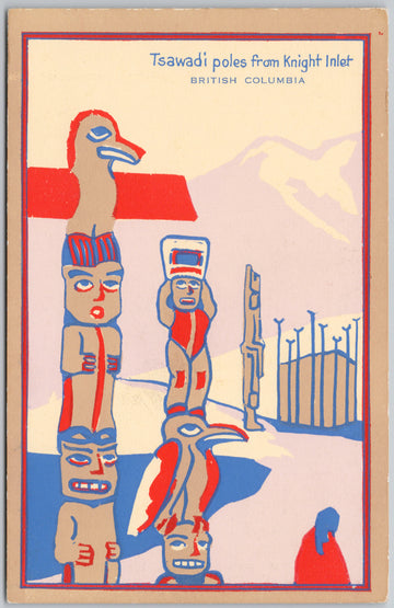 Tsawadi Poles from Knight Inlet BC British Columbia Totems Thunderbird Diggon-Hibben Postcard 