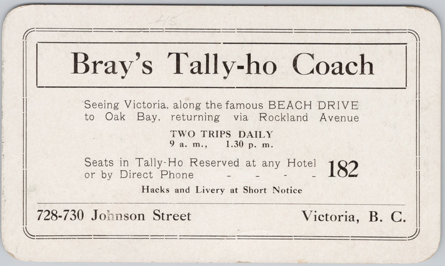 Bray's Tally-Ho Coach Victoria BC Horses Stagecoach British Columbia Canada Barrowclough image Advertising Card SP18