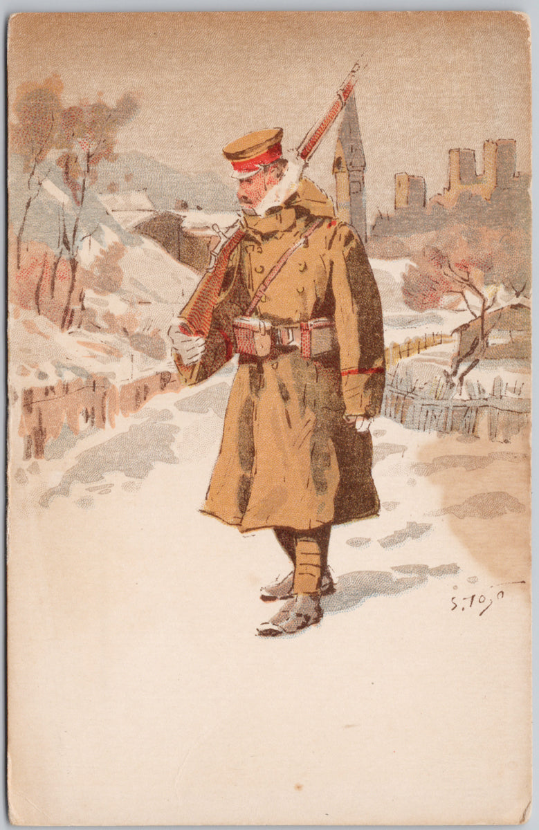 Soldier Walking in Snow Siberia Japan Army Postcard