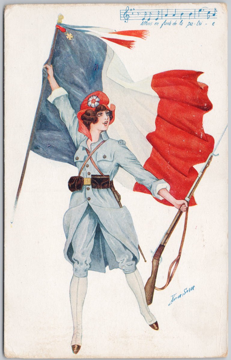 Xavier Sager Artist Les Hymnes Nationaux France Patriotic Flag and Anthem Woman Soldier with Rifle WW1 era Postcard 