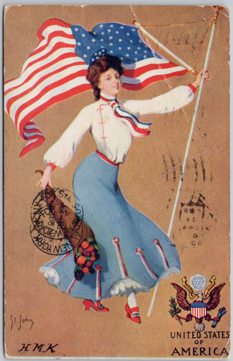 USA Patriotic Woman American Flag United States St. John Artist Postcard 