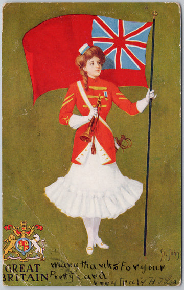 Great Britain Patriotic Woman British Flag St. John Artist Postcard 