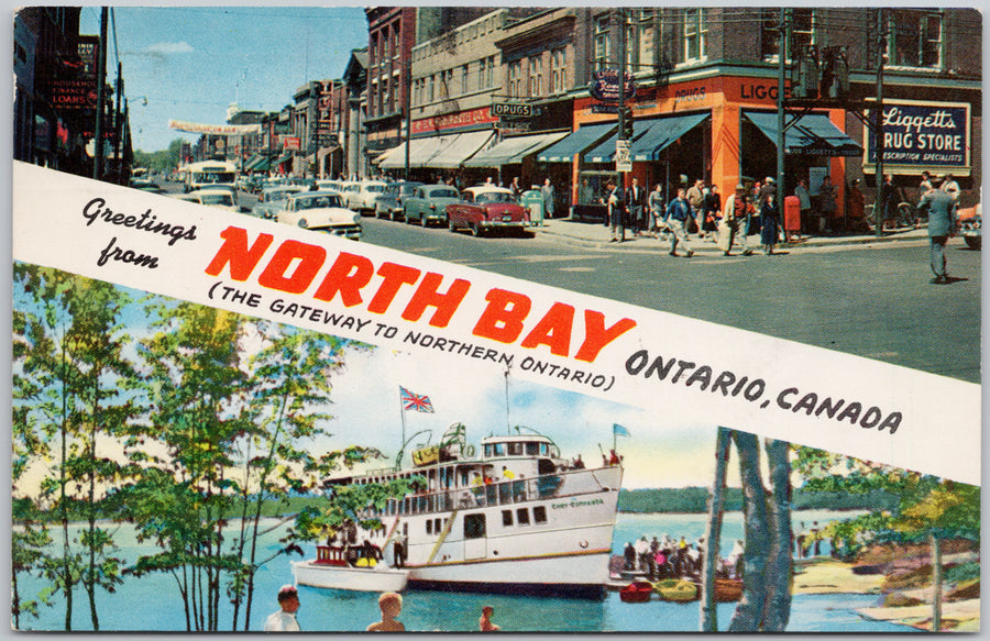 Greetings from North Bay Ontario Multiview 'Chief Commanda' Ship ON Canada Postcard 